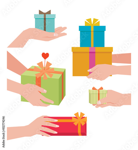 Stock vector illustration of a hand giving a gift box isolated o