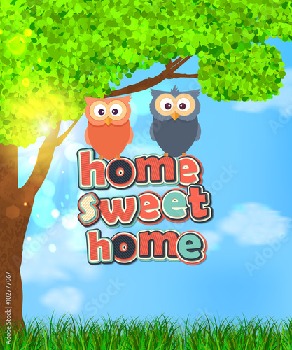 Family of two cute owls with text sweet home