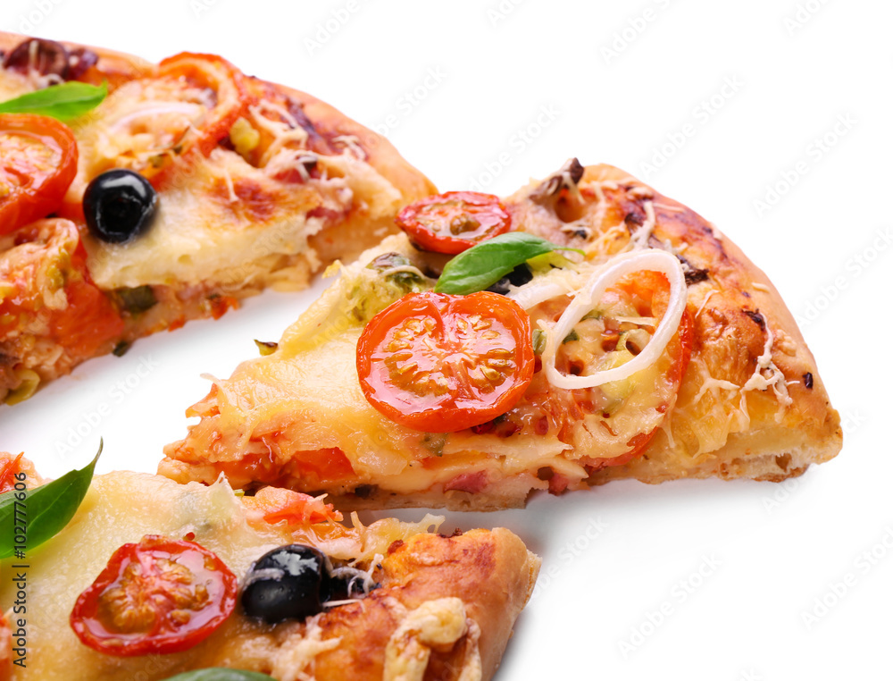 Delicious fresh pizza on white background Delicious fresh pizza on white background