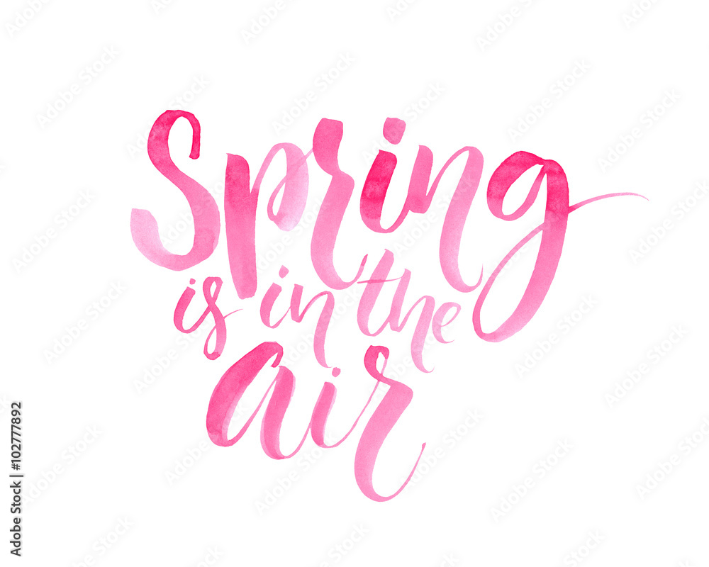 Spring is in the air. Inspirational quote about spring season, pink brush lettering isolated on white background