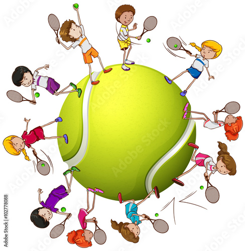 Girls and boys playing tennis