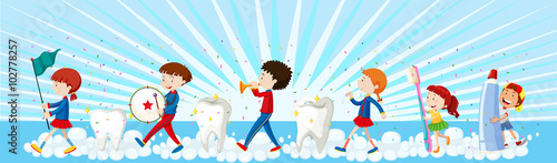Children in band doing parade with tooth
