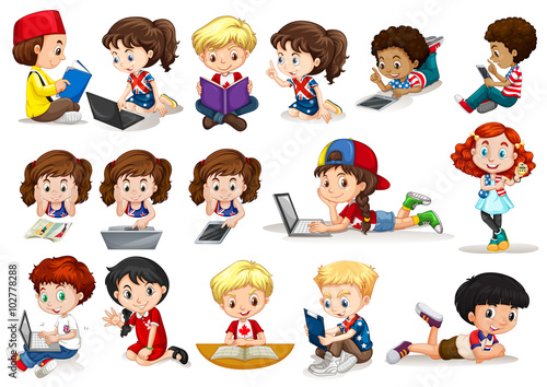 Girls and boys working and reading