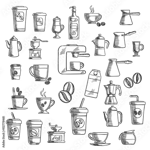 Coffee cups, beans, grinder and pots