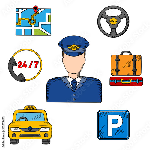 Taxi driver profession and service icons
