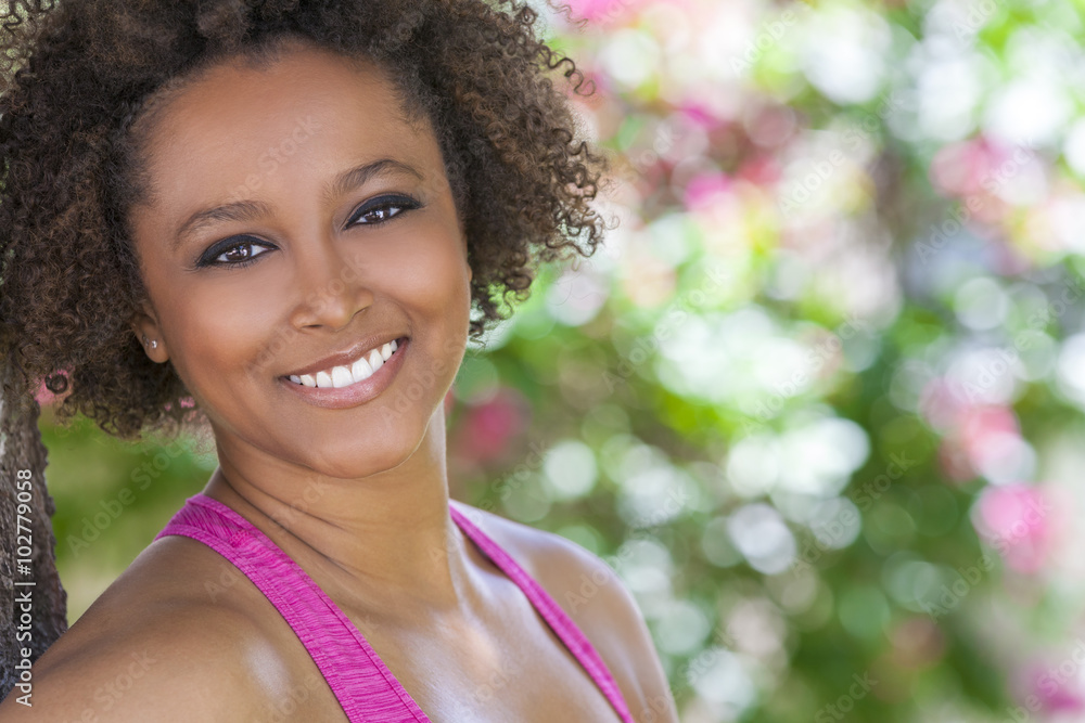 Happy African American Woman Smiling Outside Happy African American Woman Smiling Outside