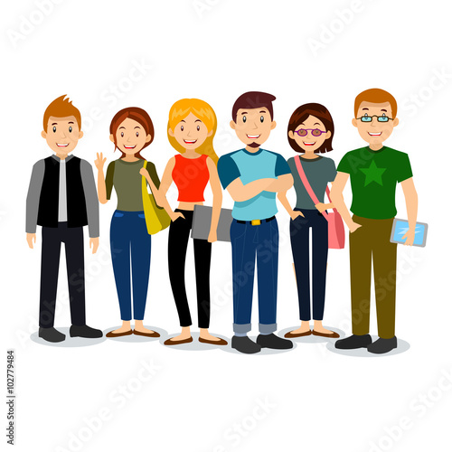 Set of diverse college or university students. Vector group of students. Cartoon illustration of students.