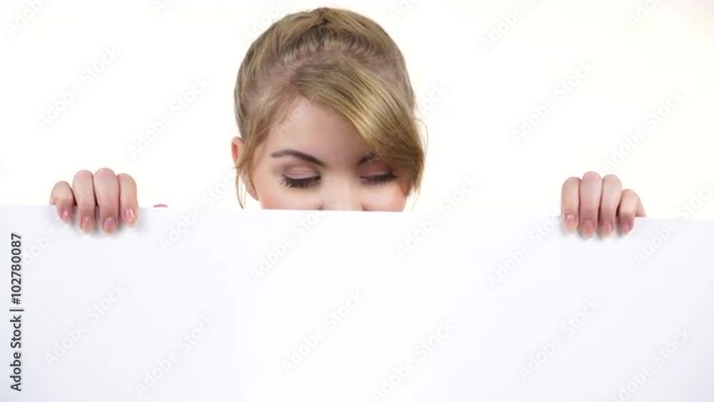 Woman with blank presentation board banner sign 4K