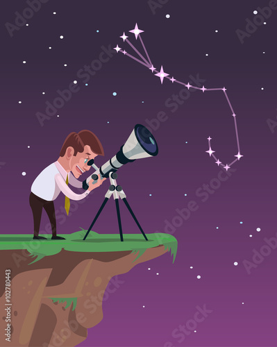 Man looks through a telescope. Vector flat illustration