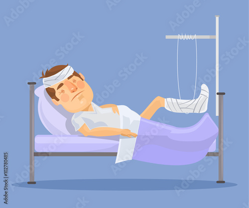 Man with broken leg. Vector flat illustration