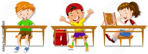 Boys and girl sitting on their desks