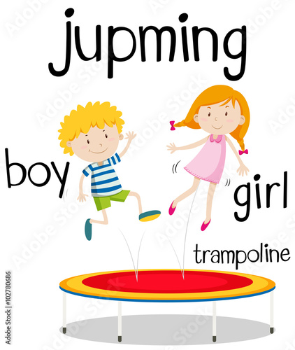 Boy and girl jumping on trampoline