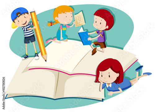 Children writing and reading
