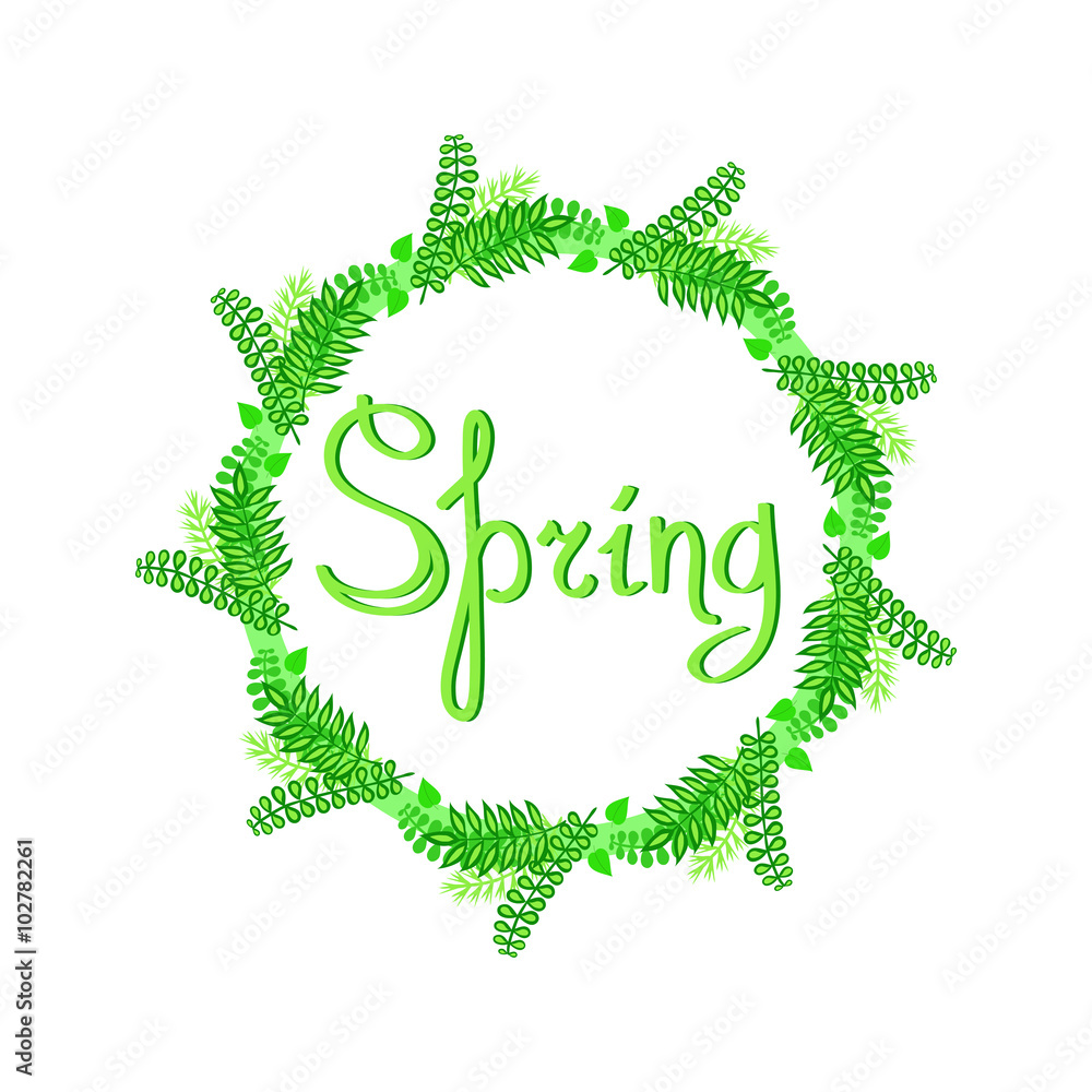 Spring round logo. Word spring. Round frame made of plants and leaves. Spring round logo. Word spring. Round frame made of plants and leaves.