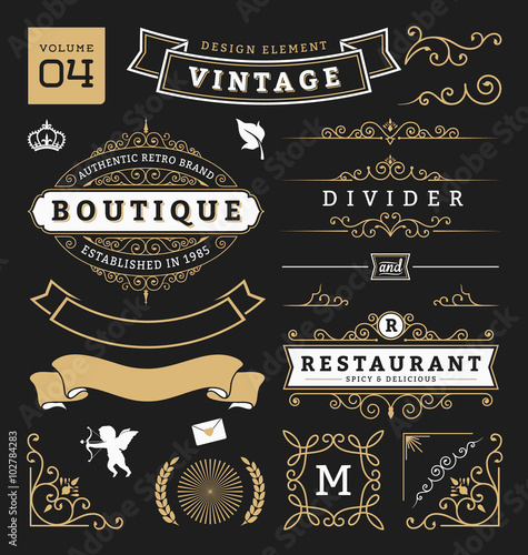 Set of retro vintage graphic design elements. Sign, frame labels, ribbons, logos symbols, crowns, flourish line and ornaments. Vector illustration