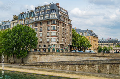 Paris France 2014 April 21, Historic building architecture along the banks of the Seine River