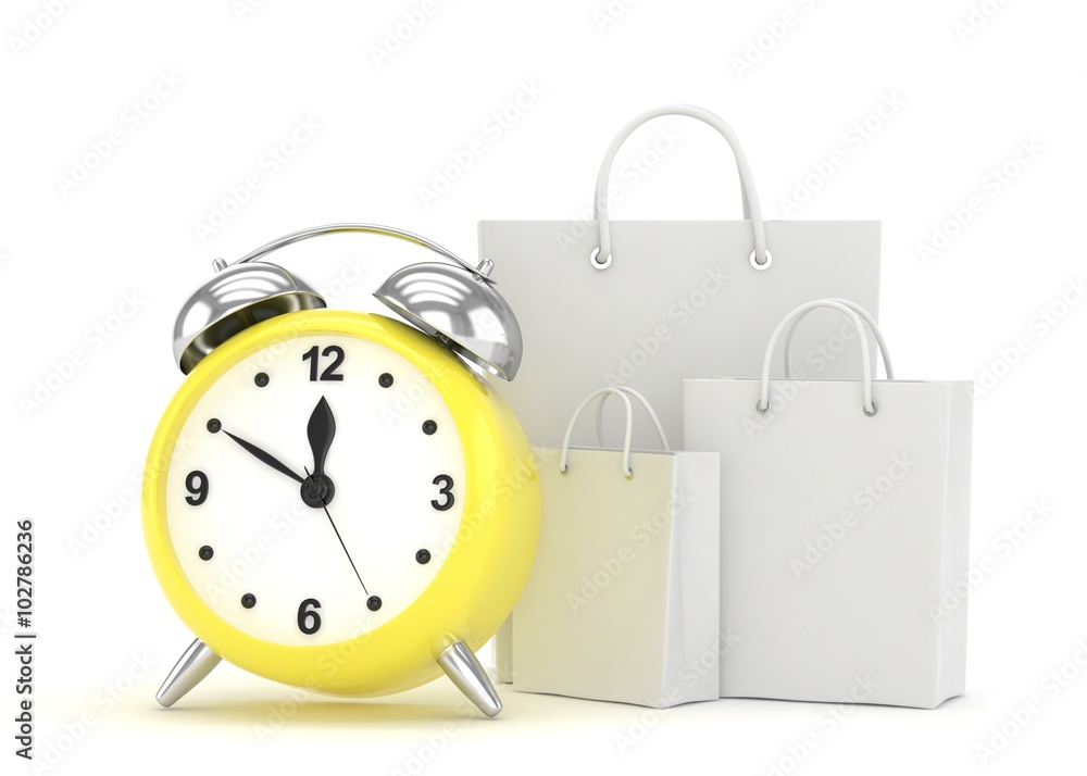 alarm clock and shopping bag (time to buy concept) alarm clock and shopping bag (time to buy concept)