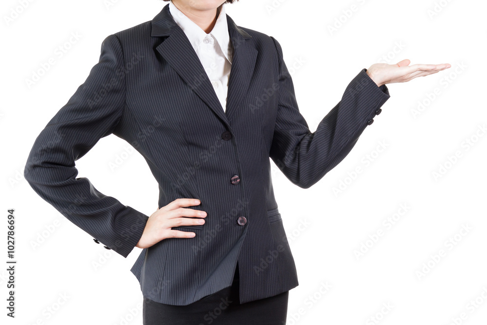 business woman in welcome pose or showing something business woman in welcome pose or showing something