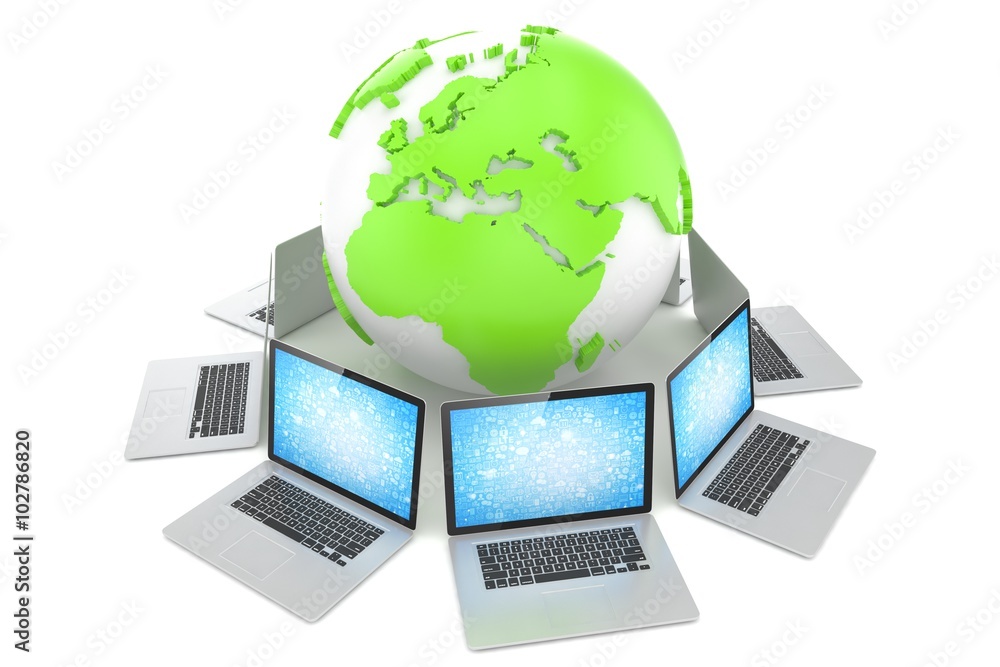 Laptop network around earth globe. 3d render Laptop network around earth globe. 3d render