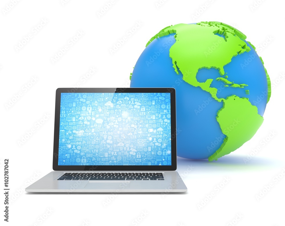 Laptop network and earth globe. 3d render Laptop network and earth globe. 3d render