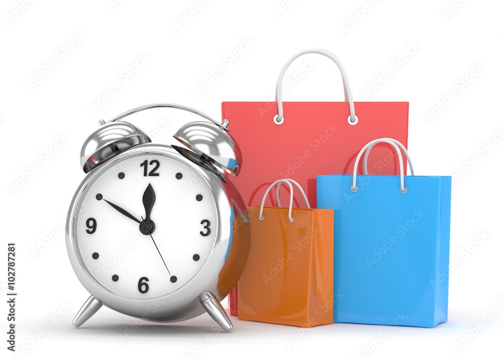 alarm clock and shopping bag (time to buy concept) alarm clock and shopping bag (time to buy concept)