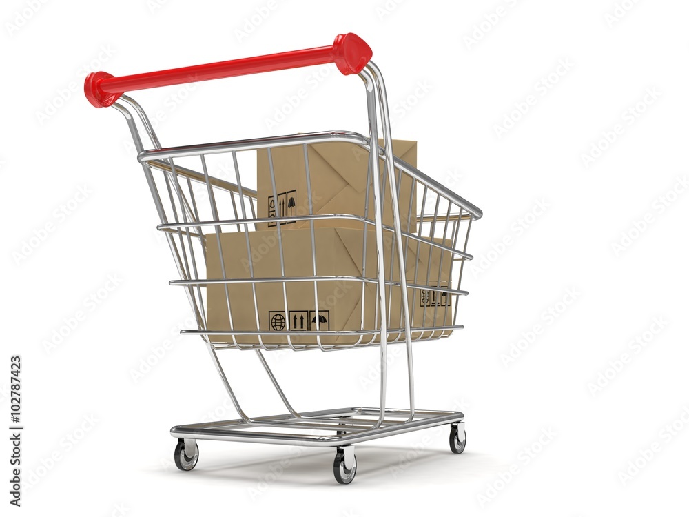 Shopping cart with parcel, 3d