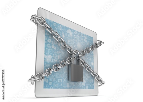 tablet PC with chains and lock isolated on white background