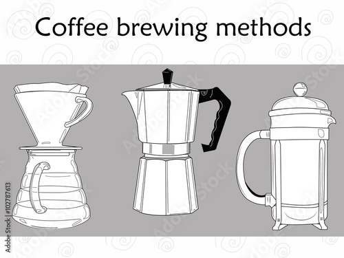 Alternative coffee brewing methods vector illustration. Pour over, moka pot, french press. Coffee brewing methods set. Different ways of making hot energy drink. Vector illustration
