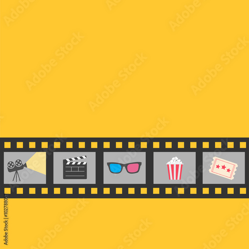 Film strip icon set. Popcorn, clapper board, 3D glasses, ticket, projector. Cinema movie night. Yellow background. Flat design style.