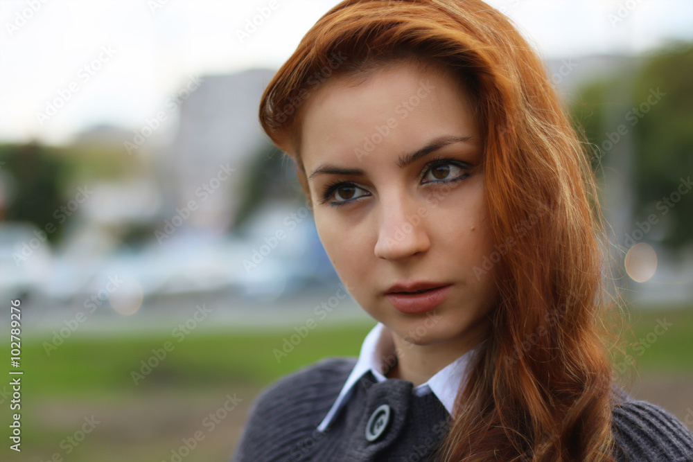 red-haired girl in autumn jacket red-haired girl in autumn jacket