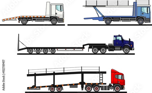 Set of different auto transporters isolated on white background in flat style. Vector illustration.