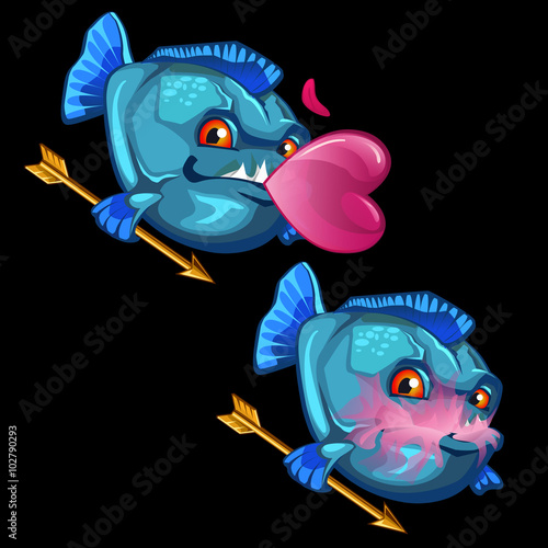 Blue fish with gold arrows and pink bubble gum  photo