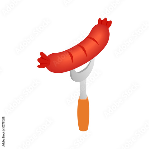 Sausage on a fork isometric 3d icon
