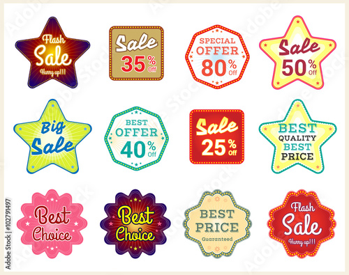 Set of retro promotion discount sale and guarantee tag banner label