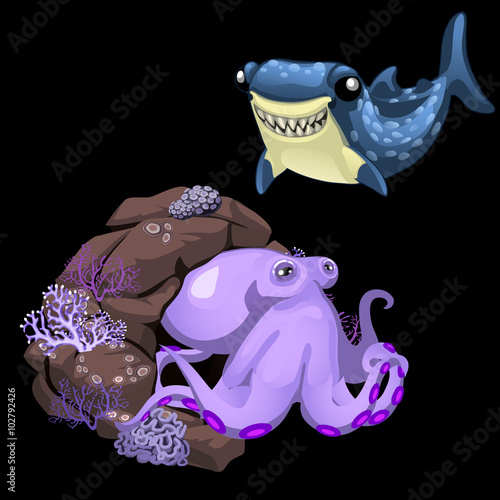 Purple octopus and blue shark, two cute characters