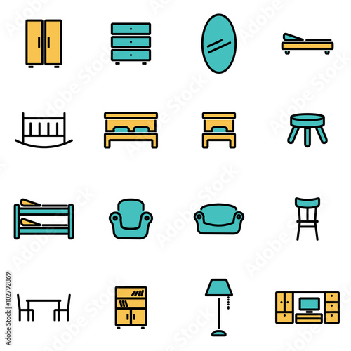 Trendy flat line icon pack for designers and developers. Vector line furniture set, furniture icon object, furniture icon picture, furniture icon image - stock vector