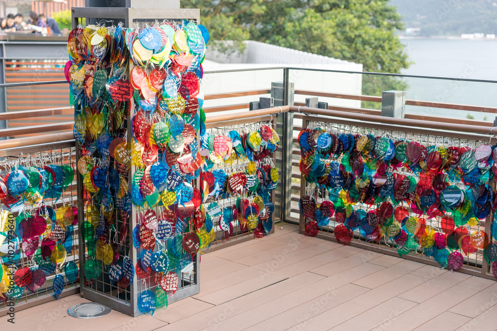 Fototapeta premium Stanley, Hong Kong-Jan.9,2016:The lovers' Terrace. Lovers come here to leave message and their names on the colorful heart shape card in the Lovers' Terrace.