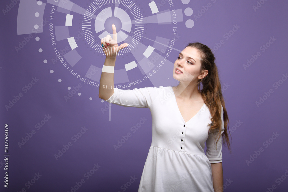 Future technology. Woman working with futuristic interface Future technology. Woman working with futuristic interface