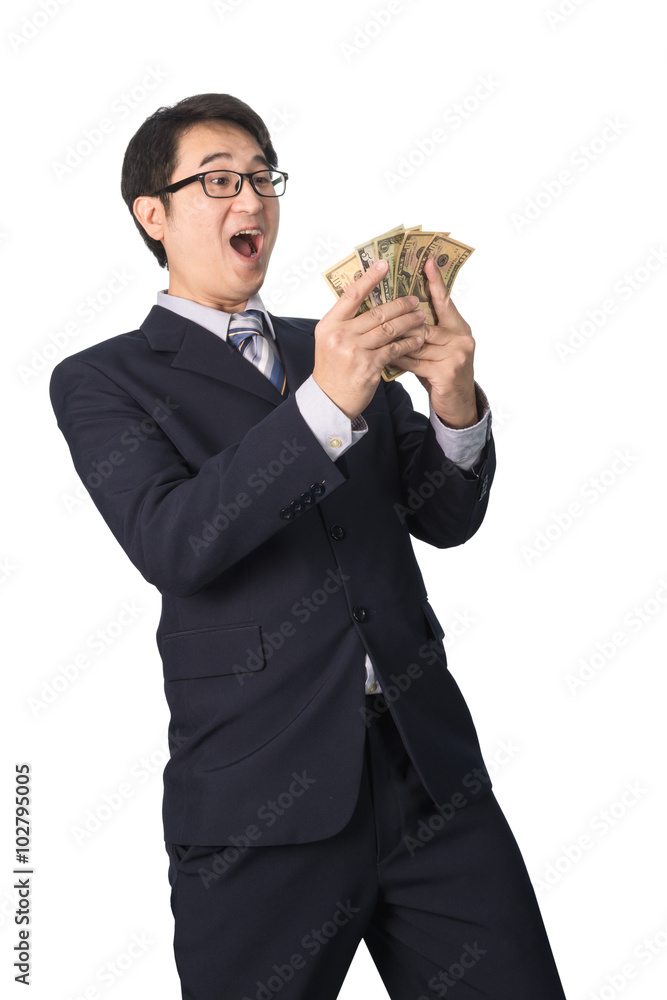 Success Asian businessman holding dollar money, isolated Success Asian businessman holding dollar money, isolated