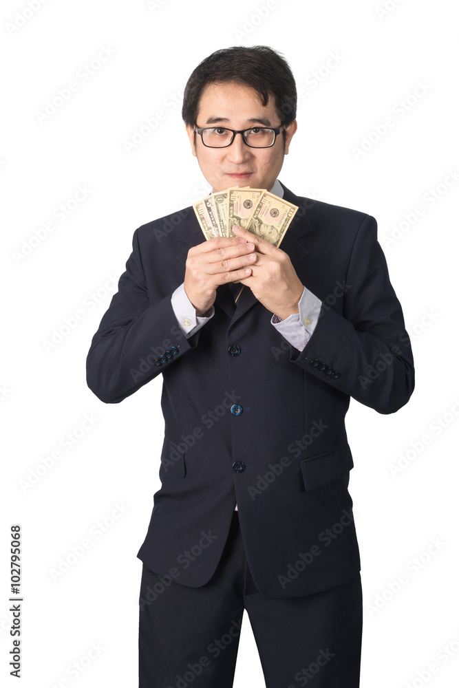 Success Asian businessman holding dollar money, isolated Success Asian businessman holding dollar money, isolated