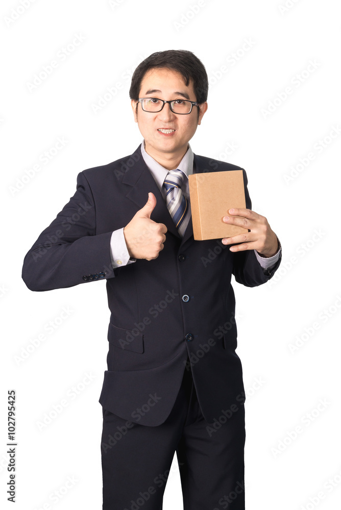 Asian businessman giving and carrying parcel, cardboard box, giv Asian businessman giving and carrying parcel, cardboard box, giv