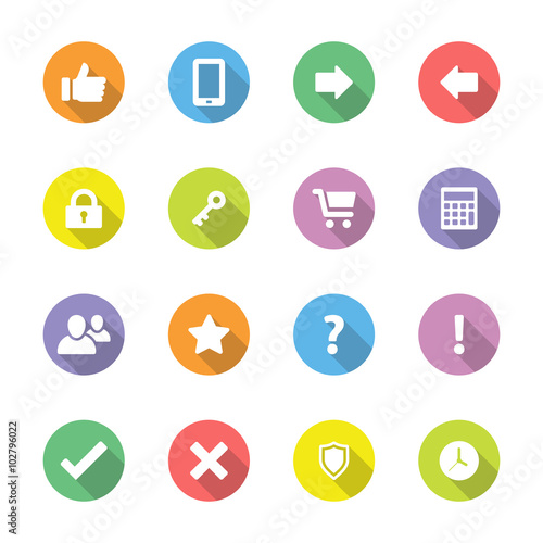 Colorful simple flat icon set 2 on circle with long shadow for web design, user interface (UI), infographic and mobile application (apps)