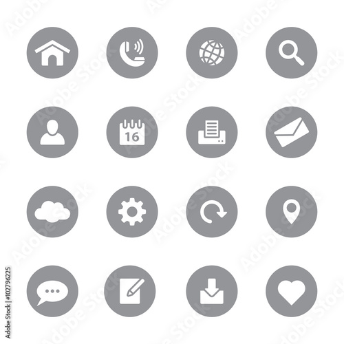 web icon set 1 on gray circle for web design, user interface (UI), infographic and mobile application (apps)