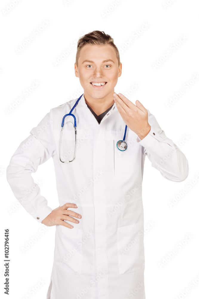 Young male doctor in white coat and stethoscope smiling. People Young male doctor in white coat and stethoscope smiling. People