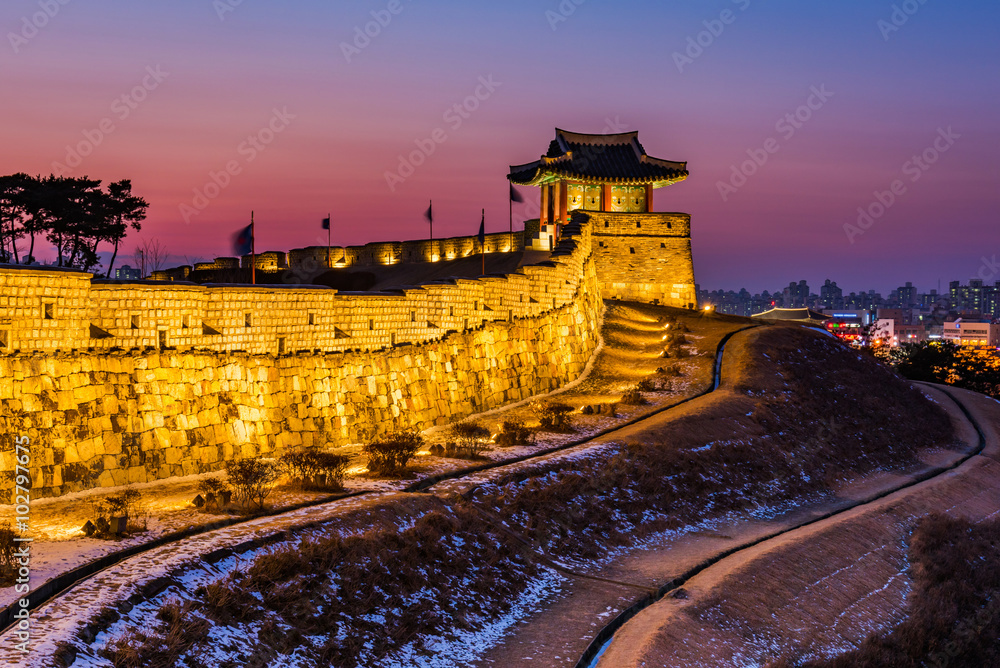 Suwon,Sunset at Hwaseong Fortress in Suwon, South Korea.