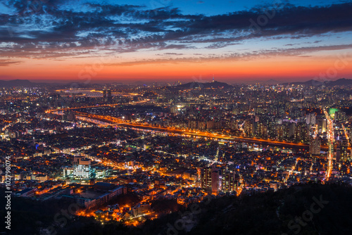 Sunset at seoul city and Downtown skyline in Seoul  South Korea