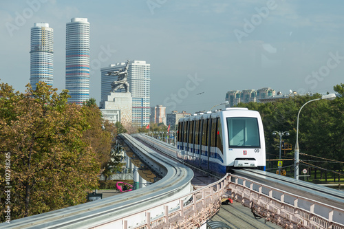 Moscow monorail fast train on railway, close-up