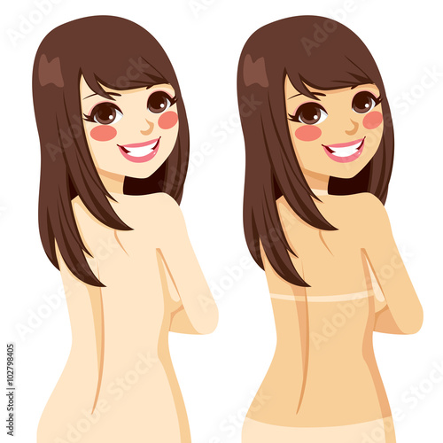 Young beautiful brunette woman showing natural skin tone and bikini tan lines before and after tanning