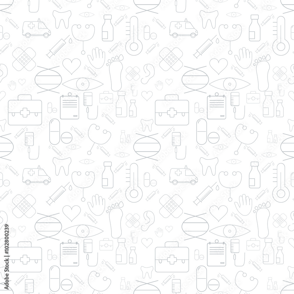 Thin Medical Line Health Care White Seamless Pattern. Vector 