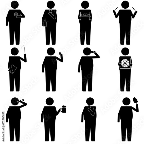 fat men with various food and snack info graphic icon vector sign symbol pictogram